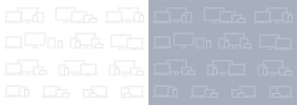 Technology Devices; Laptop, Computer Monitor, TV, Tablet, Smartphone Wireframe Icon Sets vector art illustration