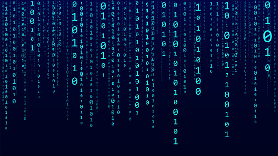 Technology binary code. Random falling blue digits on screen. Hacked software. Matrix sciense background. Big data analytics.