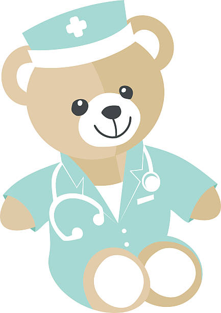 Powder Blue Health Check Care Bear Healthy Baby Dr Teddy Bear Medical and Nursing Icons Printed Polyester & Poly-Spandex Fabric By The Yard