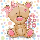 Cute Cartoon Teddy Bear girl with pink flowers