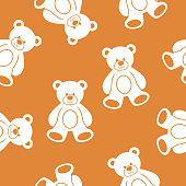 Vector illustration of teddy bears in a repeating pattern against a brown background.