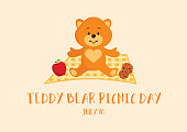 Cute teddy bear on a picnic blanket vector. Teddy Bear Picnic Day Poster, July 10