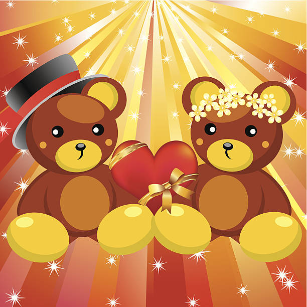 Teddy bears and hearts. Two teddy-bears and red heart with a ribbon on the background radiation. teddy ray stock illustrations