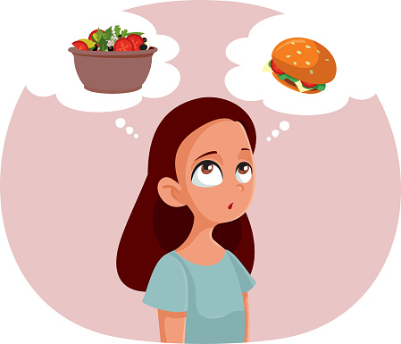 Teen Girl Thinking What to Eat Vector Cartoon