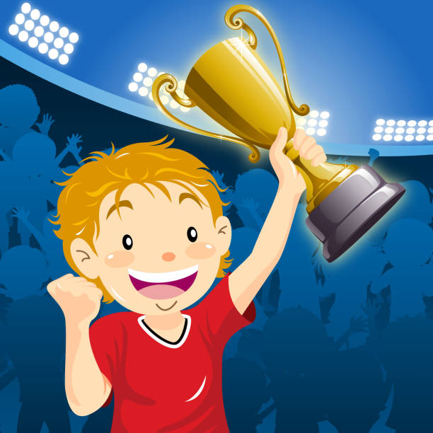 Teenage boy winner holding up the trophy at the stadium Teenage boy winner holding up the trophy at the stadium. cartoon of a stadium crowd stock illustrations