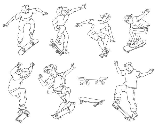 bildbanksillustrationer, clip art samt tecknat material och ikoner med tonårspojkar gör skateboard trick - svart och vitt linje konst ritning set. - skidled