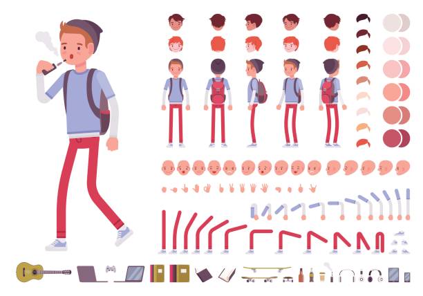 Teenager boy character creation set Teenager boy with backpack. Character creation set. Full length, different views, emotions, gestures, isolated against white background. Build your own design. Cartoon flat-style vector illustration electronic cigarette stock illustrations