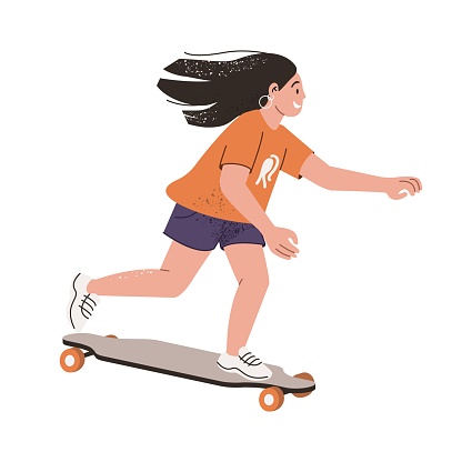 Teenager girl riding skateboard at fast speed. Young happy skater on skate board. Cool active skateboarder. Modern person on longboard. Flat vector illustration isolated on white background