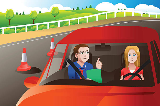 Teenager in a road driving test A vector illustration of teenager in a road driving test with an adult inspector teen driving stock illustrations