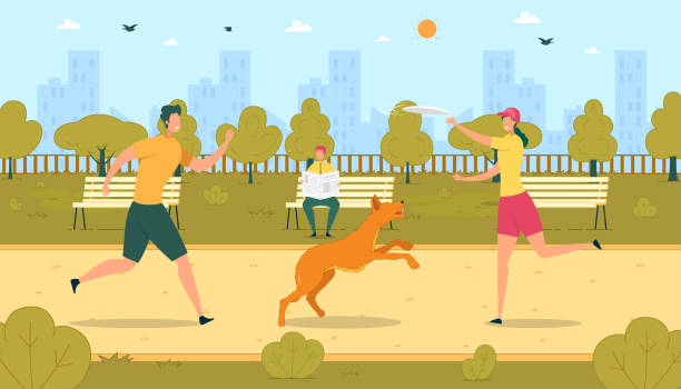 Teenager Throwing Frisbee to Girlfriend with Dog. Guy Teenager Throwing Frisbee to Girlfriend with Dog between in Park Flat Cartoon Vector Illustration. Pet Jumping in Direction Flying Plates. Summer Leisure Time. Man Sitting on Bench, Reading. frisbee stock illustrations