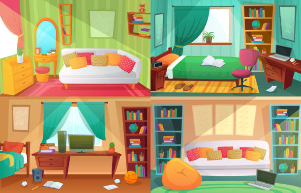 Teenagers bedroom. Student cluttered room, teenager college house apartment and home rooms furniture cartoon vector illustration Teenagers bedroom. Student cluttered room, teenager college house apartment and home rooms furniture. Teen apartment interior, messy dirty and clean bedrooms cartoon vector illustration set school cartoon stock illustrations