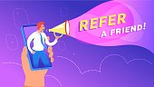 Refer a friend concept vector illustration of happy manager shouting on megaphone to invite new customers from mobile app. Bright gradient design for web banner and promo to join the project