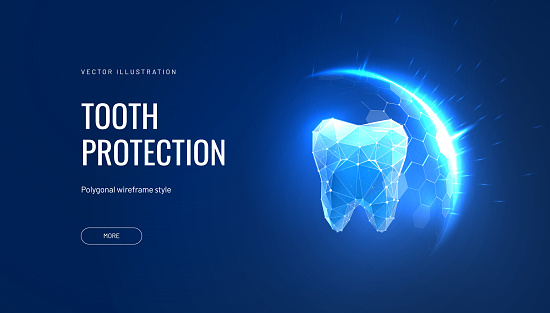 Teeth protection futuristic vector illustration in polygonal style. Shield over tooth concept for dental advertising about safety in technological geometric interpretation