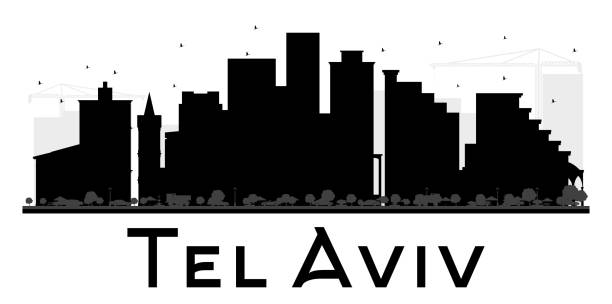 tel aviv 도시 스카이 라인 검은색과 흰색 실루엣입니다. - tel aviv stock illustrations