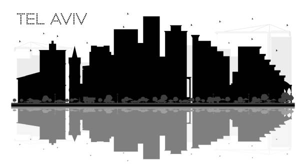tel aviv i̇srail şehir manzarası siyah beyaz siluet yansımaları ile. - tel aviv stock illustrations