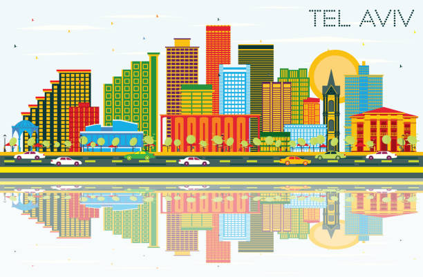 tel aviv i̇srail şehir manzarası ile renk binalar, mavi gökyüzü ve yansımaları. - tel aviv stock illustrations