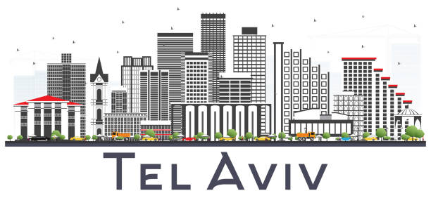тель-авив израиль город скайлайн с серыми зданиями изолированы на белом. - tel aviv stock illustrations
