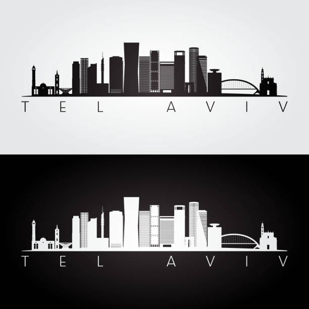 tel aviv manzarası ve simgesel siluet, siyah ve beyaz tasarım, vektör çizim. - tel aviv stock illustrations