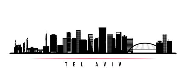 特拉維夫天際線水準橫幅。以色列特拉維夫市的黑白剪影。用於設計的向量範本。 - tel aviv 幅插畫檔、美工圖案、卡通及圖標