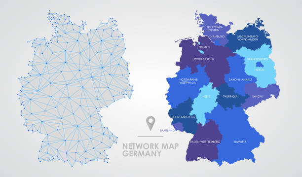 독일의 통신 네트워크, 추상 메쉬 다각형 지리지도, 상세한 정치지도 - 함부르크 독일 stock illustrations
