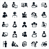 An icon set of people working from home or telecommuting. The icons show several different people working while at home sitting on a couch, while holding a family dog, on a teleconference, working at a computer, talking on the phone, while sitting in a chair, while holding a newborn baby, and sitting and working on the floor among others.