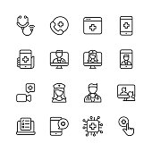 16 Telemedicine Outline Icons. Stethoscope, Telemedicine, Digital Healthcare, Healthcare Application, Calling Hospital, Video Call with Doctor, Online Consultation, Video Calling a Doctor, Nurse, Doctor, Man Describes Symptoms using Telemedicine, Checklist, Artificial Intelligence in Healthcare.