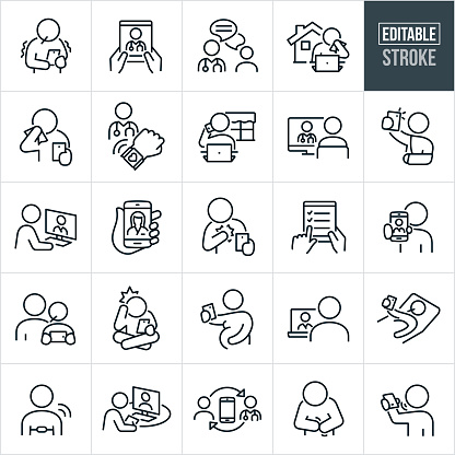 A set of telemedicine and telemedicine icons that include editable strokes or outlines using the EPS vector file. The icons include a person with a fever using smartphone communicate with doctor, hands holding a tablet pc with a doctor on the screen, doctor using online chat to communicate with patient, sick person sneezing using telemedicine on laptop from home, sick person sneezing using smartphone to communicate with medical professional, smartwatch sending health data to physician, person on phone from home communicating via Telehealth, person with injured arm taking picture to send to doctor, person on desktop computer visiting with doctor online, hand holding smartphone with nurse on screen, person with chest pain using telemedicine services on smartphone, patient doing health checklist online, sick child with parent using smartphone to communicate with family physician, person with headache using online Telehealth services on smartphone, pregnant woman using smartphone to communicate with doctor via Telehealth, sick patient in bed using smartphone to communicate with doctor, person with heart rate monitor transmitting data to health care provider, doctor sitting at table taking notes while visiting with patient online from computer screen, and a person talking on mobile phone with healthcare provider. All of the icons represent the increasing popularity of the telemedicine health care industry.
