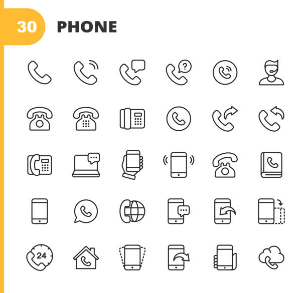 Telephone and Communication Line Icons. Editable Stroke. Pixel Perfect. For Mobile and Web. Contains such icons as Telephone, Support, Smartphone, Digital Display, Communication, Global Business, Phone, Digital Screen, Remote Work, Address Book. 30 Phone and Communication Outline Icons. phone stock illustrations