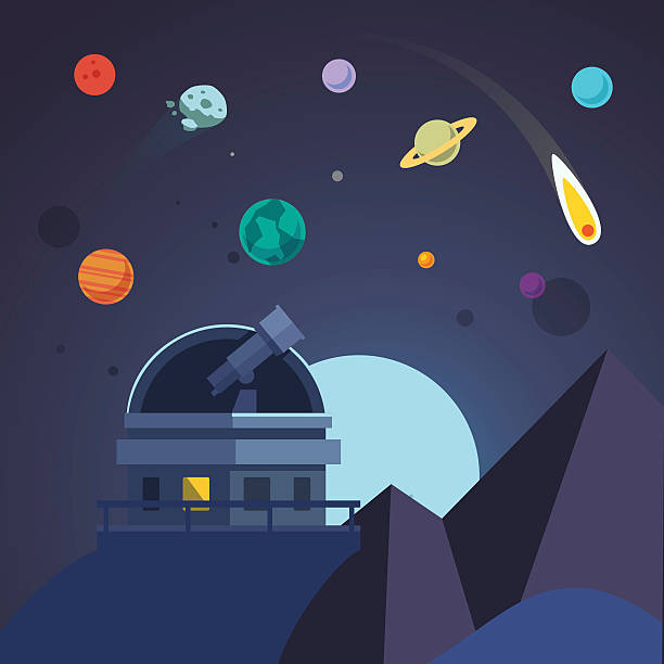 Telescope sits in an open observatory dome Telescope sits in an open observatory dome. Flat vector illustration. observatory stock illustrations