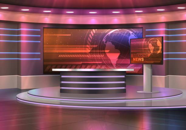 ilustrações de stock, clip art, desenhos animados e ícones de television breaking news studio interior - tv studio