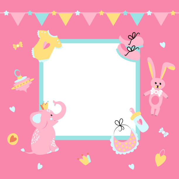 Template background with frame for a photo. Poster for kid's birthday, baby shower. Template background with frame for a photo. Poster for kid's birthday, baby shower. Garlands and cute accessories for a girl. it's a girl stock illustrations