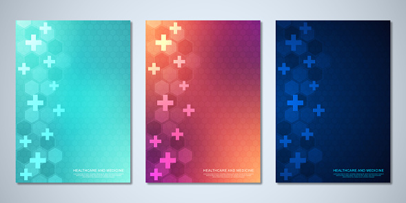 Template brochure or cover book, page layout, flyer design with hexagons pattern, and crosses. Concept and idea for health care business, innovation medicine, pharmacy, technology.