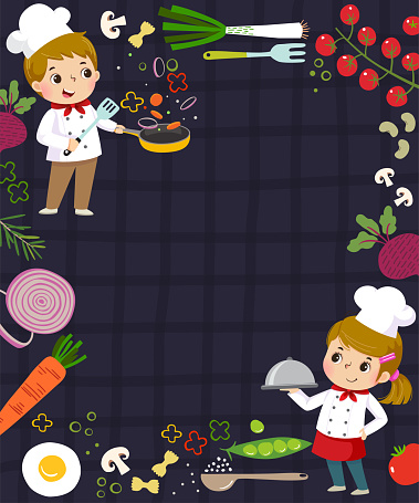 Template for advertising background in cooking concept with two kid chefs.