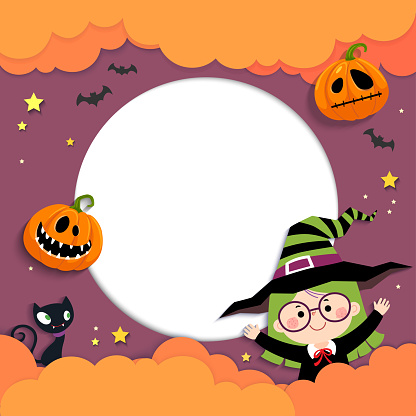 Template for advertising brochure with happy little witch girl and pumpkins in Halloween concept. Paper cut style.