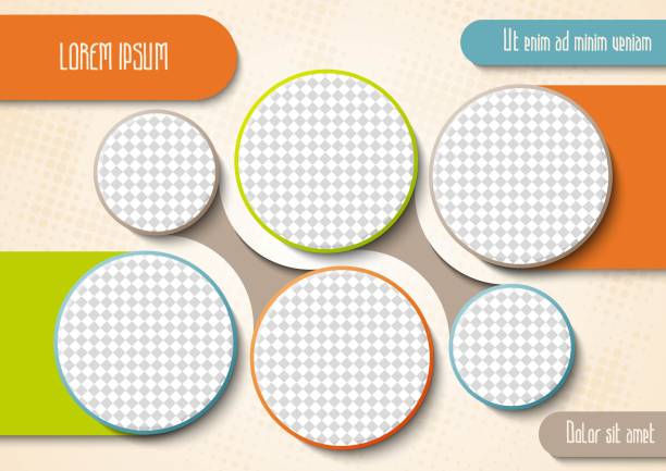 Template for photo collage or infographic in modern style. Frames for clipping masks is in the vector file. Template for a photo album with circle shapes frames arrangement photos stock illustrations