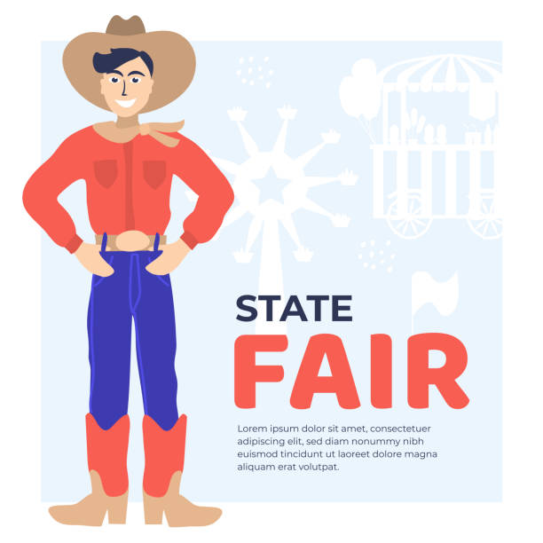 Template for State Fair with cowboy Vector illustration for State Fair with cowboy, ferris wheel, flags,food truck, amusement park, farmer, country fair. Design template for ticket, banner,poster, print, invitation, flyer,layout, advert cowboy hat template stock illustrations