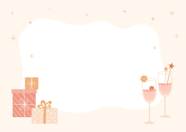 Template for text or photo. Christmas banner sample with frame and copy space on white abstract shape. Design concept for New Year greeting cards, party, invitation. Vector illustration in pastel colors, champagne, gifts set and stars on beige border cocktail borders stock illustrations