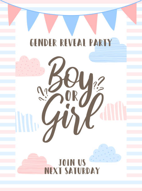 Template Invitation card with the inscription boy or girl on striped background, blue and pink clouds and flags. Vector illustration for Gender reveal party. Сoncept of holiday, pregnancy, motherhood Template Invitation card with the inscription boy or girl on striped background, blue and pink clouds and flags. Vector illustration for Gender reveal party. Сoncept of holiday, pregnancy, motherhood pregnant borders stock illustrations