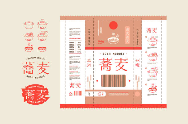 Template label for soba noodle packaging Template label for soba noodle packaging. Icons in thin line style for cooking instructions pasta designs stock illustrations