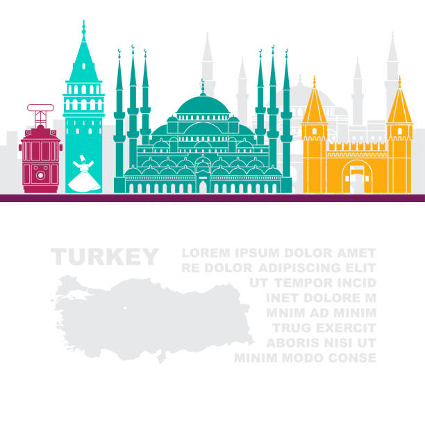 bildbanksillustrationer, clip art samt tecknat material och ikoner med mall för broschyrer med en karta över turkiet och sevärdheter i istanbul - istanbul blue mosque skyline