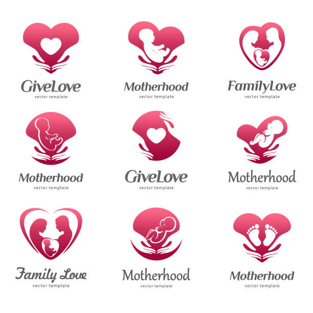stockillustraties, clipart, cartoons en iconen met sjabloon voor familie liefde, moederschap, babyverzorging, zwanger, zwangerschap - bevalling geboorte