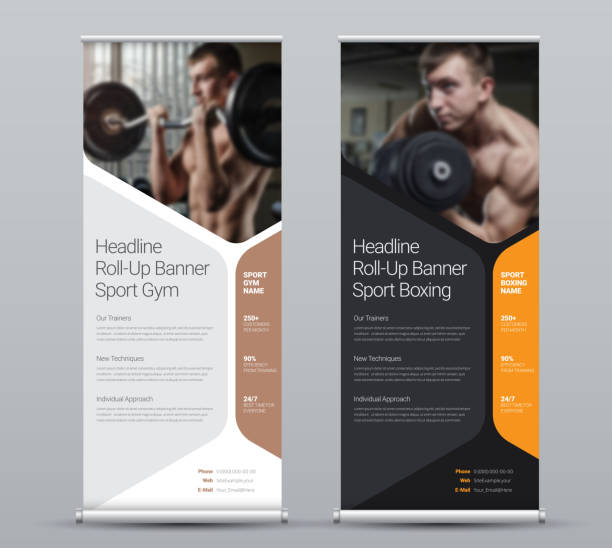 Template of vertical roll-up banner with hexagonal elements for a photo Template of vertical roll-up banner with hexagonal elements for a photo. Black and white Design flyer for business and advertising, a sample for gyms. Vector illustration vertical stock illustrations