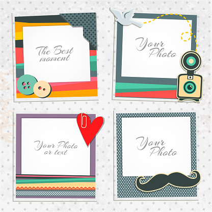 Design photo frames on nice background. Decorative template for baby, family or memories. Scrapbook concept, vector illustration. Hipster