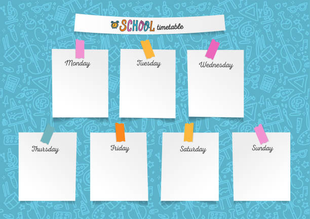 Template school timetable for students or pupils. Illustration with pieces of paper on stickers with many hand drawn elements of studing symbols and doodle background school supplies theme. Template school timetable for students or pupils. Illustration with pieces of paper on stickers with many hand drawn elements of studing symbols and doodle background school supplies theme calendar patterns stock illustrations
