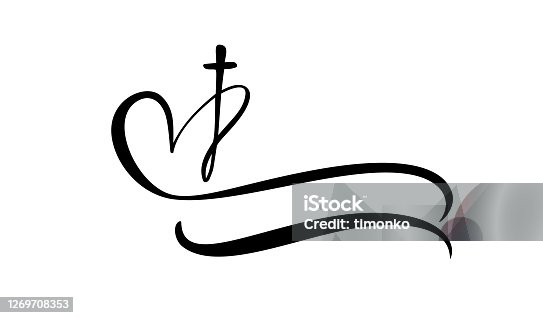 istock Template vector logo for churches and Christian organizations cross on the heart. Religious calligraphy sign emblem cross and heart. Minimalistic illustration 1269708353
