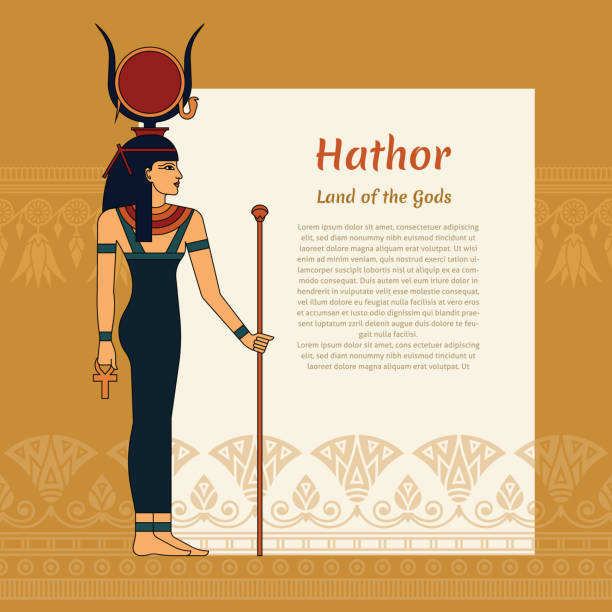stockillustraties, clipart, cartoons en iconen met een sjabloon met een plaats voor tekst en een illustratie van de oude egyptische godin hathor. met hathor's belettering en lotuspatroon. eps 10 - cleopatra