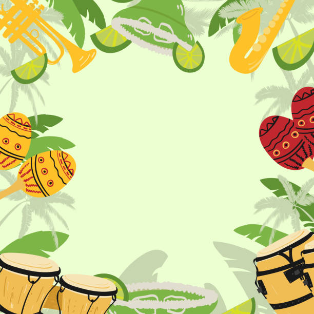 Template with guitar, cuban tres and conga drums, maracas, guiro,  palm leaves and hibiscus flowers. Design for card, flyer, invitation or banner. with space for text. Vector template with guitar, cuban tres and conga drums, maracas, guiro,  palm leaves and hibiscus flowers. Design for card, flyer, invitation or banner. with space for text. caribbean culture stock illustrations