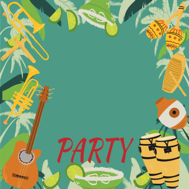 gitar, küba tres ve conga davul, maracas, guiro, palmiye yaprakları ve ebegümeci çiçekleri ile şablon. kart, el ilanı, davetiye veya afiş için tasarım. metin için alan ile. - salsa dancing stock illustrations