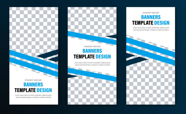 Templates for vertical web banners with blue diagonal intersecting lines and space for a photo vector art illustration