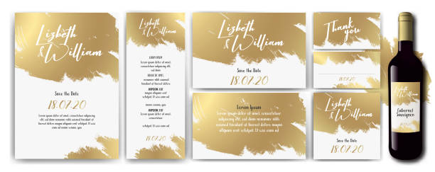 Templates with white and gold designs. Invitation Save the Date, thank you card, menu list, label for beverage bottle. Invitation Save the Date. Templates with white and gold designs. Invitation Save the Date, thank you card, menu list, label for beverage bottle. Invitation Save the Date. Luxury, elegance, simple, artistic. Vector stroke. Vector designs. wedding invitation stock illustrations